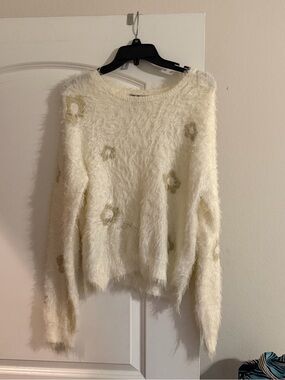 Jessica Simpson Cream Fuzzy Crewneck Sweater with Gold Floral Accents